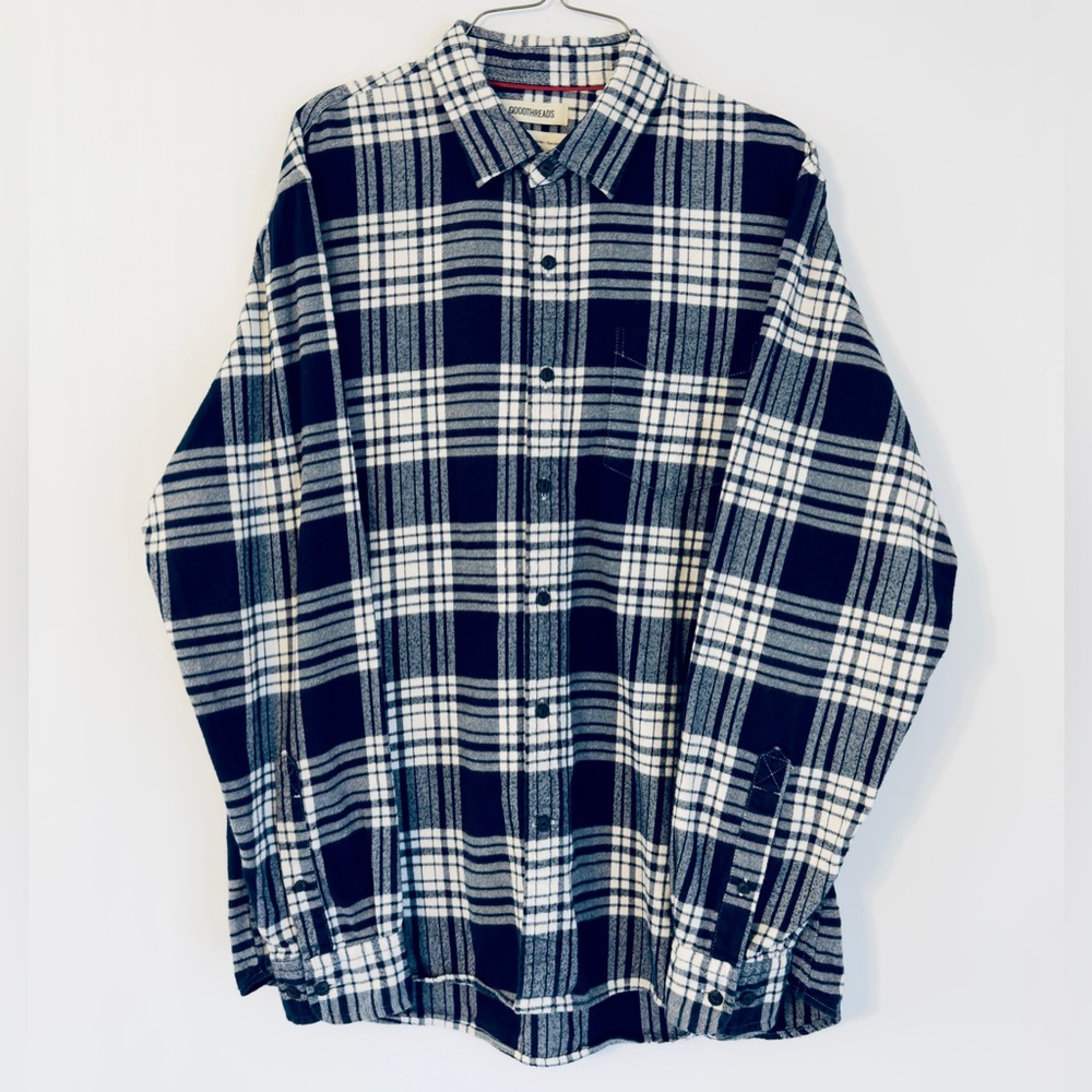 Goodthreads Navy Blue White Plaid Long Sleeve Button‎ Down Flannel Shirt Large